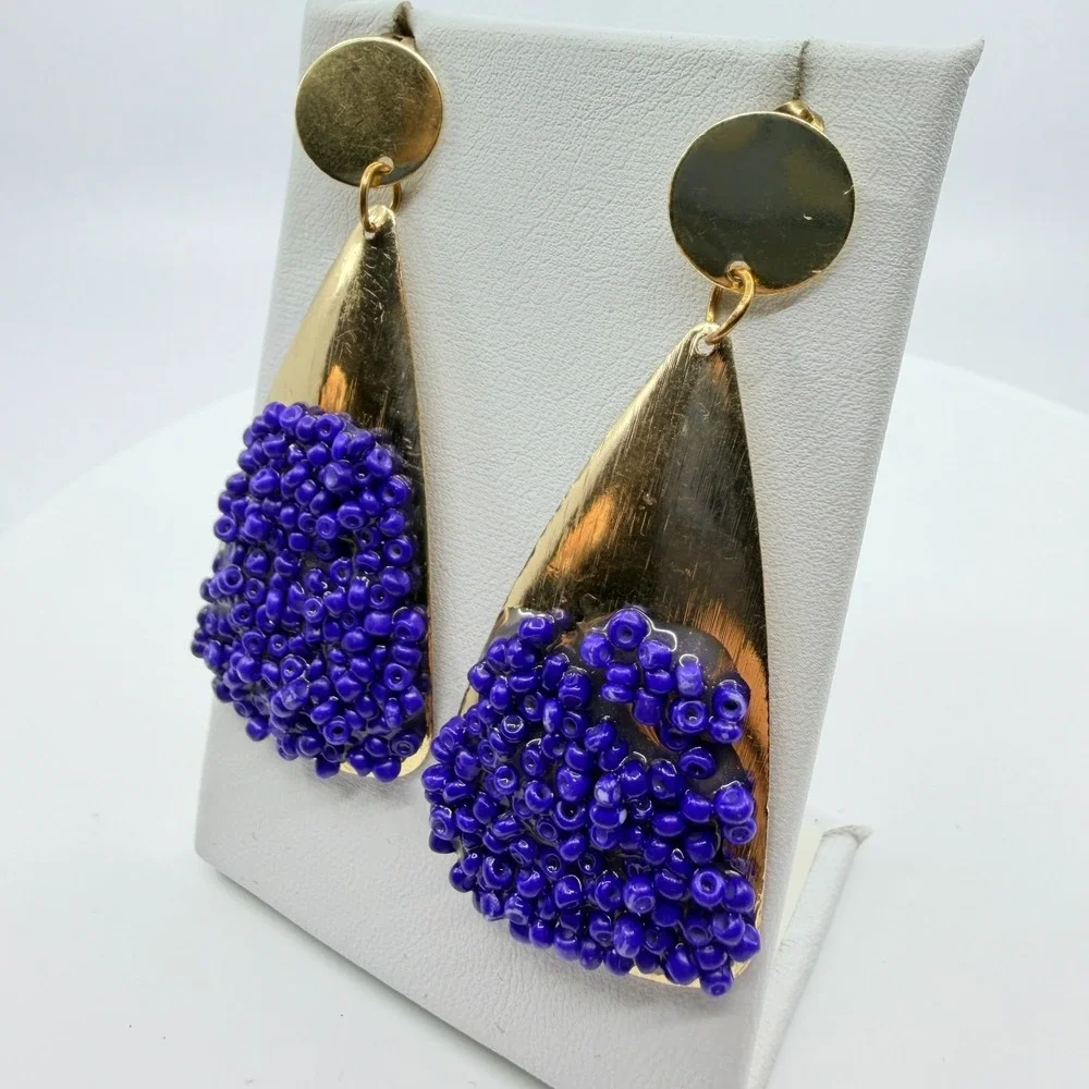 Vintage Y2K Gold Tone Purple Seed Bead Textured Teardrop Dangle Post Earrings